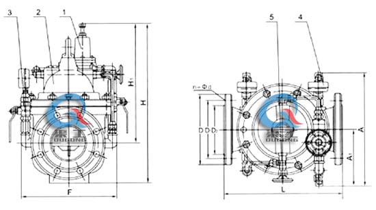 200X減壓穩(wěn)壓閥 外形結(jié)構(gòu)圖 (1、導(dǎo)閥 2、主閥 3、球閥 4、壓力表 5、針表 )